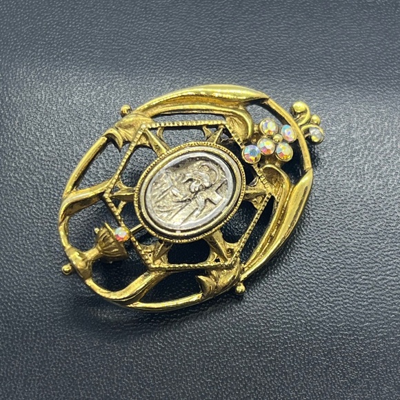 Vatican Library Collection religious Jesus Cross gold tone brooch pin rhinestone - Picture 2 of 13